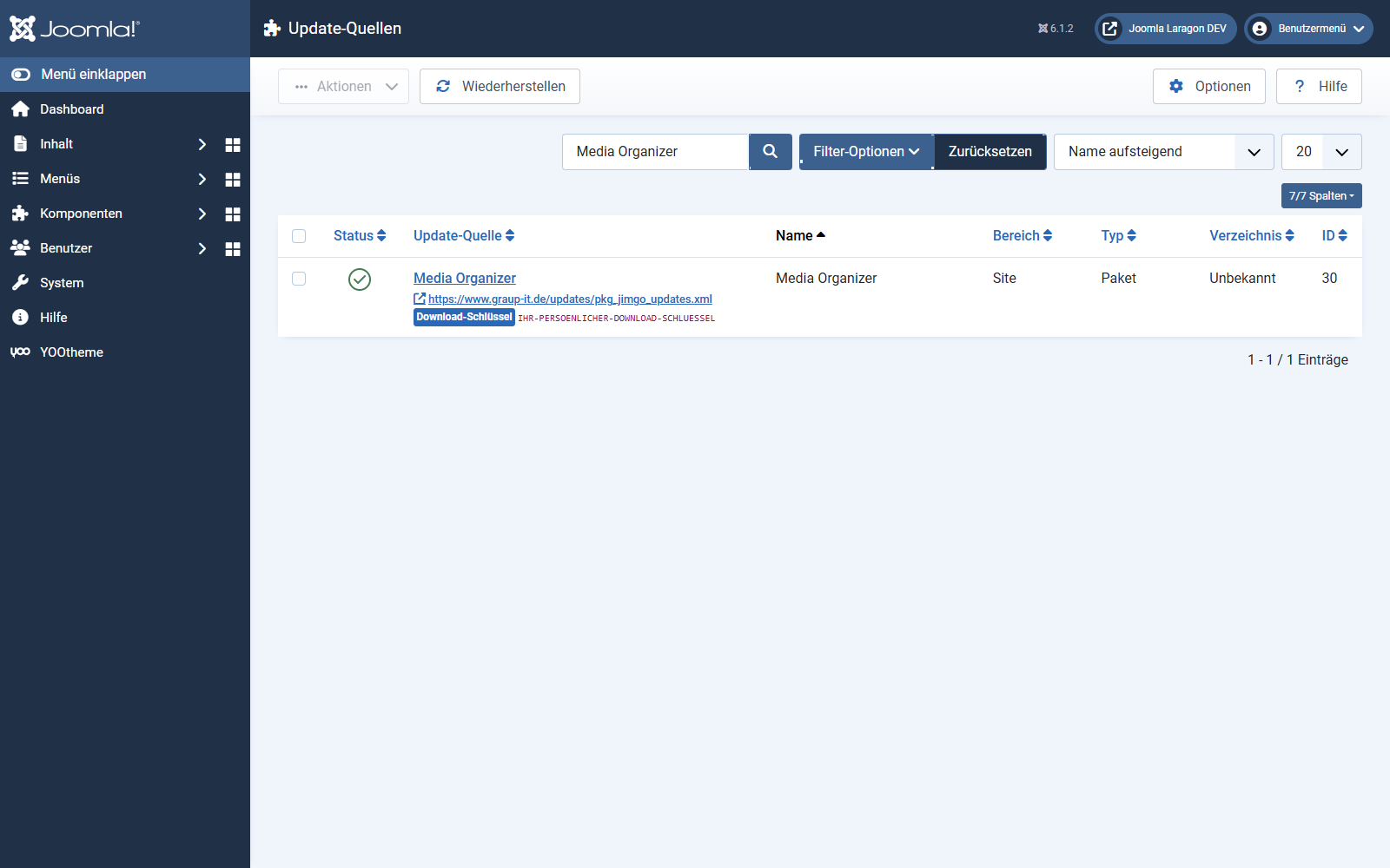 Die Update-Quelle Media Organizer in Joomla mit dem Feld Download-Schlüssel