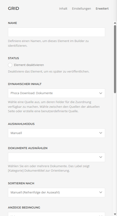 Quellen-Auswahl im YOOtheme-Builder mit der Gruppe Phoca Download