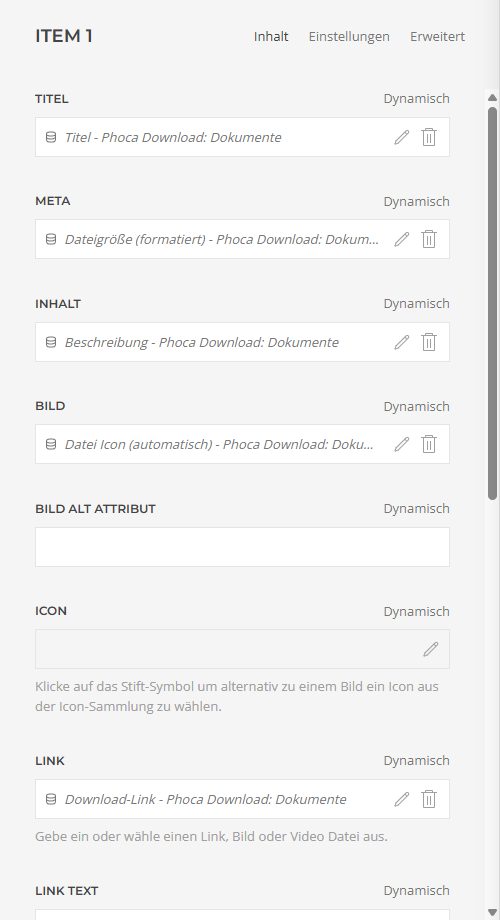 Feldzuweisung eines Grid-Elements mit Phoca-Download-Feldern