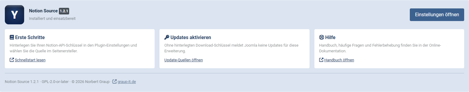 Das Panel nach der Installation von Notion Source mit Version, Status und den Karten Erste Schritte, Updates aktivieren und Hilfe