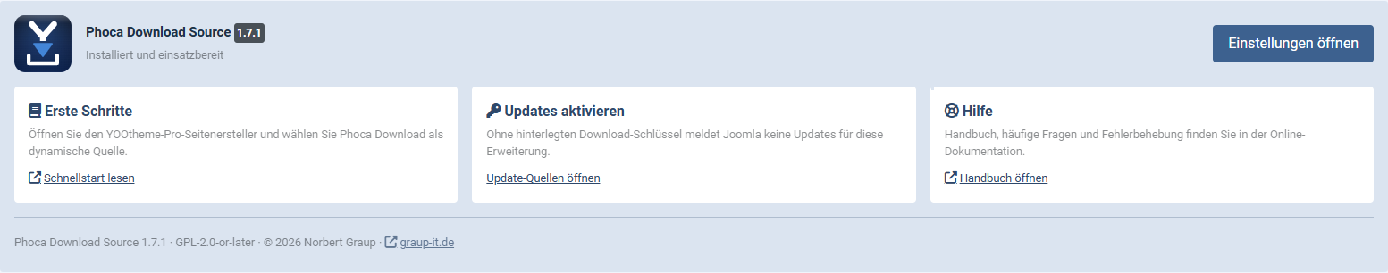 Das Panel nach der Installation von Phoca Download Source mit Version, Status und den Karten Erste Schritte, Updates aktivieren und Hilfe