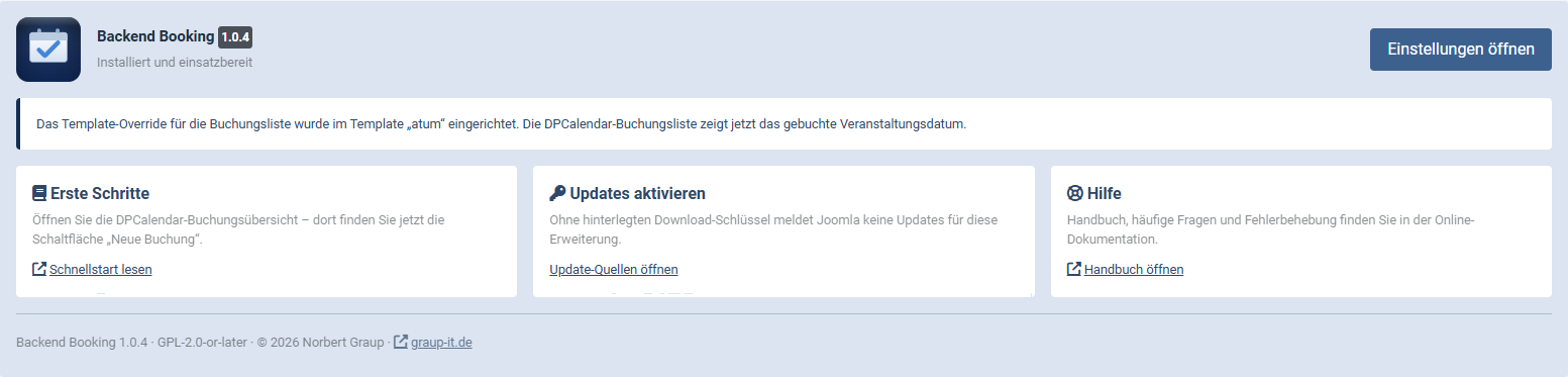 Das Panel nach der Installation von Backend Booking mit dem Hinweis zum eingerichteten Template-Override