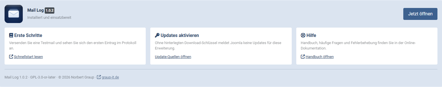 Das Panel nach der Installation von Mail Log mit Version, Status und den Karten Erste Schritte, Updates aktivieren und Hilfe