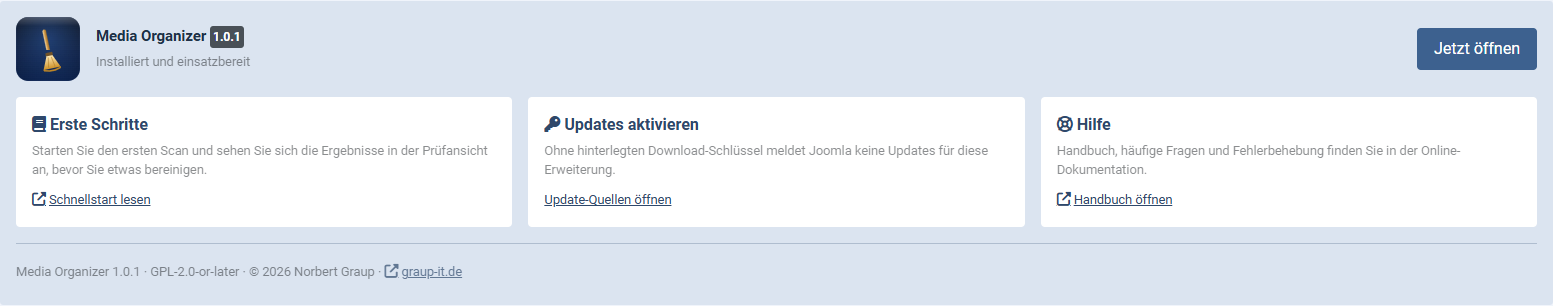 Das Panel nach der Installation von Media Organizer mit Version, Status und den Karten Erste Schritte, Updates aktivieren und Hilfe