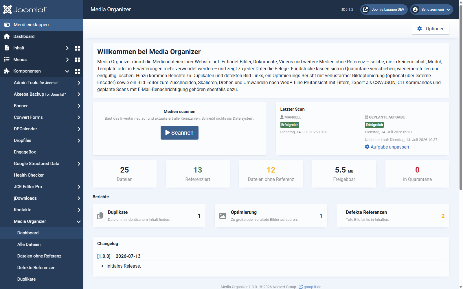 Dashboard von Media Organizer mit den Kennzahlen nach einem Scan