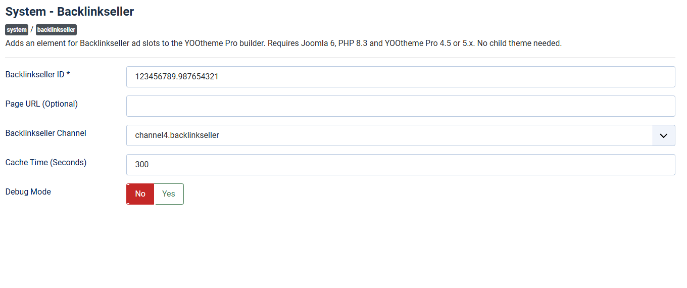 The plugin settings with the fields Backlinkseller ID, page URL, Backlinkseller channel, cache time and debug mode