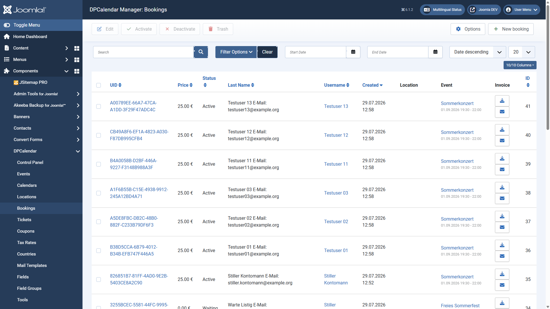 The DPCalendar booking overview with the button „New booking“