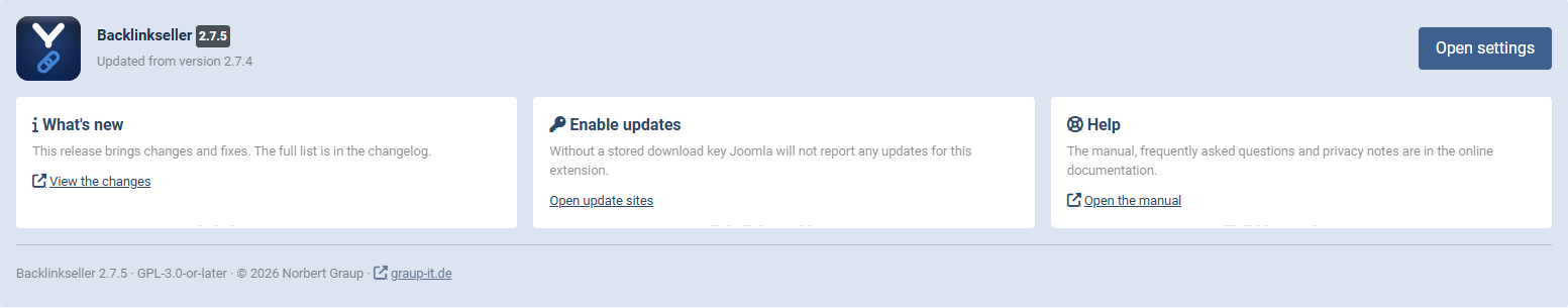 The overview panel after an update, with the version number and the cards What's new, Enable updates and Help