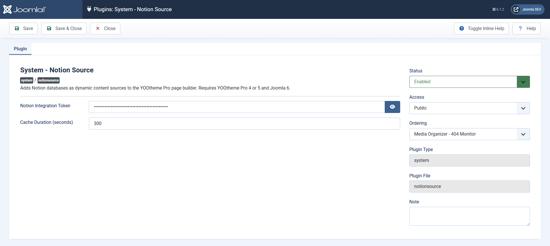 The plugin settings with the token field and the cache lifetime