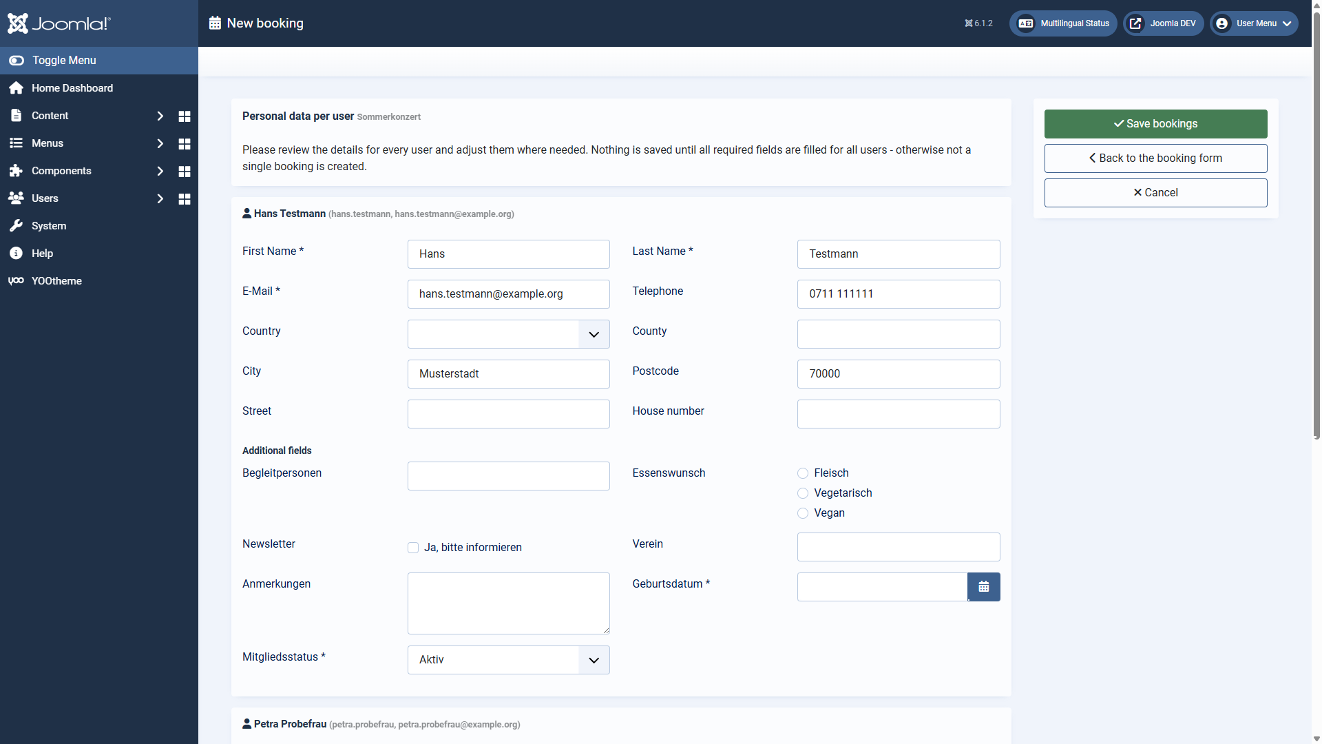 The step „personal data per user“ with one card per user
