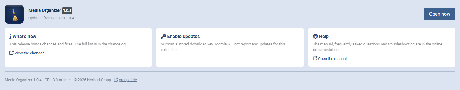 The panel after installing Media Organizer, with version, status and the cards Getting started, Enable updates and Help