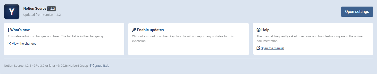 The panel after installing Notion Source, with version, status and the cards Getting started, Enable updates and Help