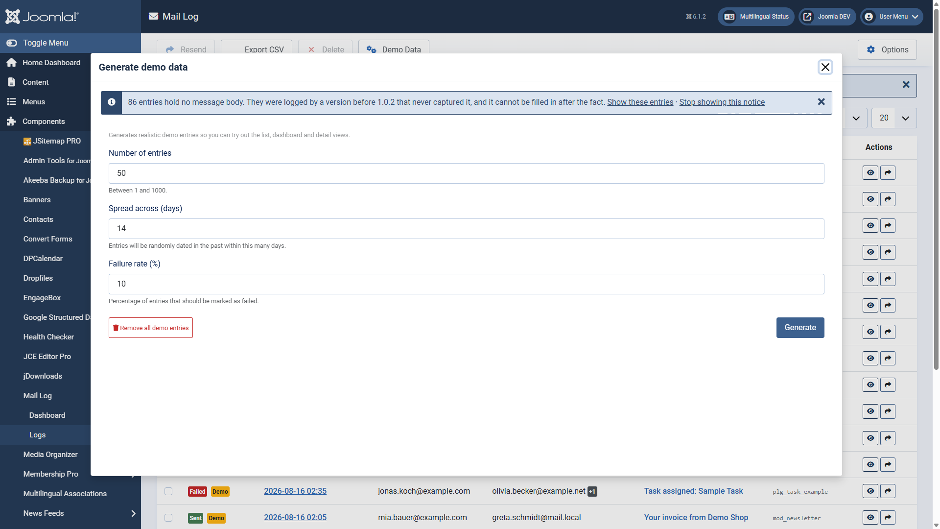 The dialogue for creating demo data