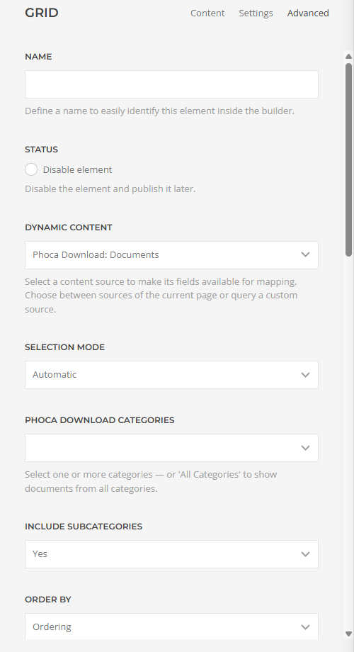 Settings of the source type Documents in automatic mode