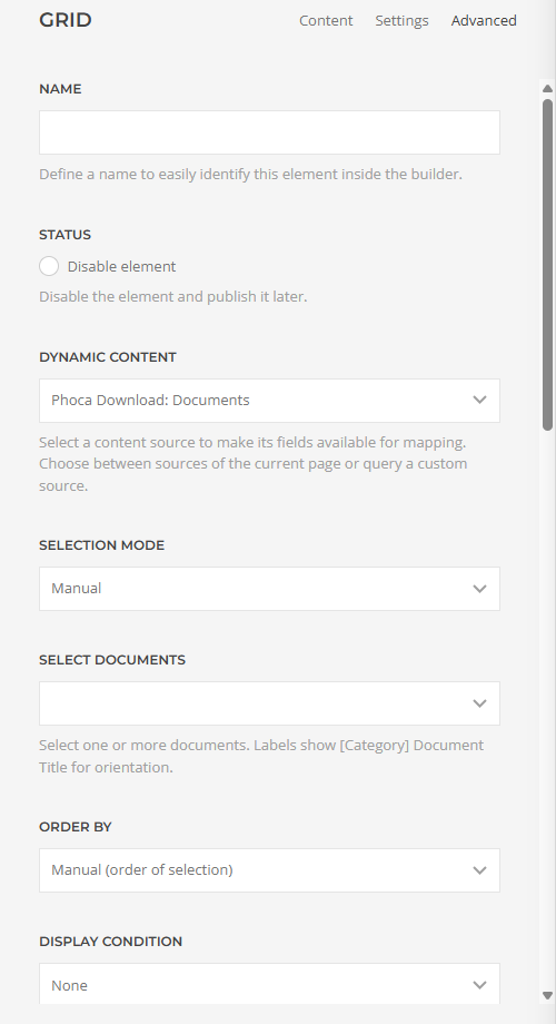 The source selector in the YOOtheme builder with the group Phoca Download
