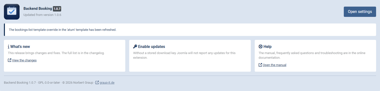 The panel after installing Backend Booking, with the note about the template override that was set up
