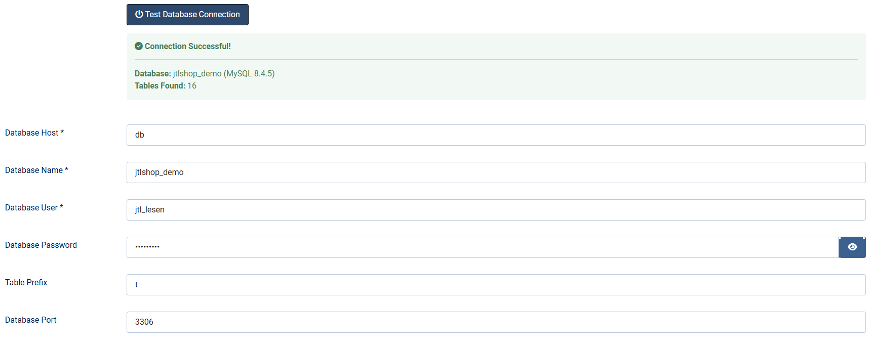 The tab JTL Shop Database with the button Test database connection and the response: connection successful, database jtlshop_demo (MySQL 8.4.3), 8 tables found