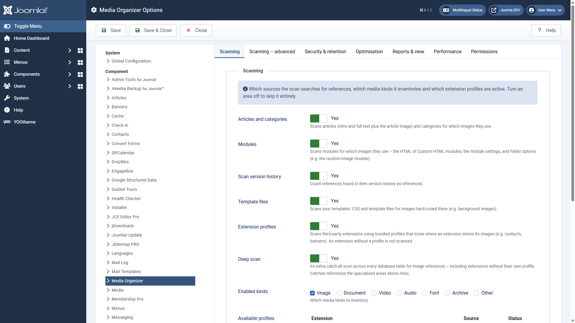 The options dialogue of Media Organizer with the tabs of the individual areas