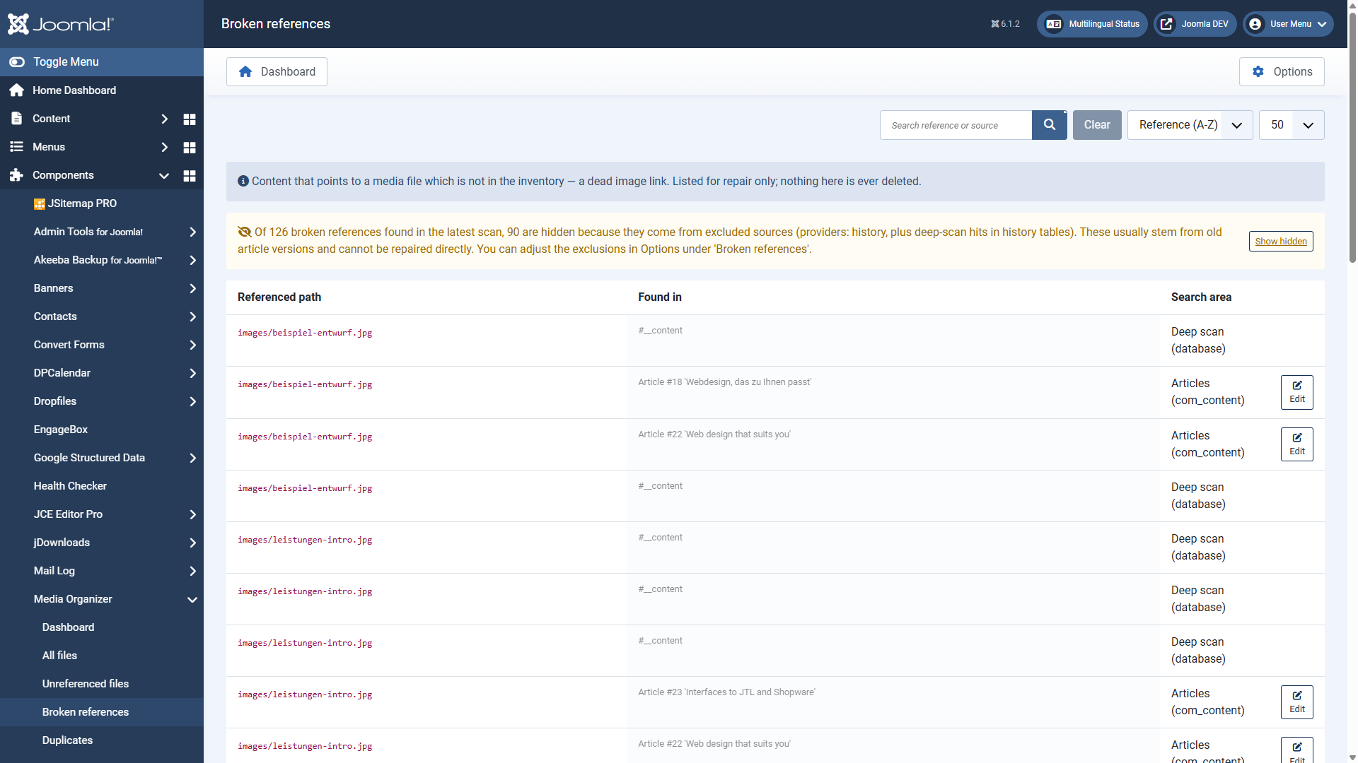 The broken references report with the referenced path, the occurrence and an edit link