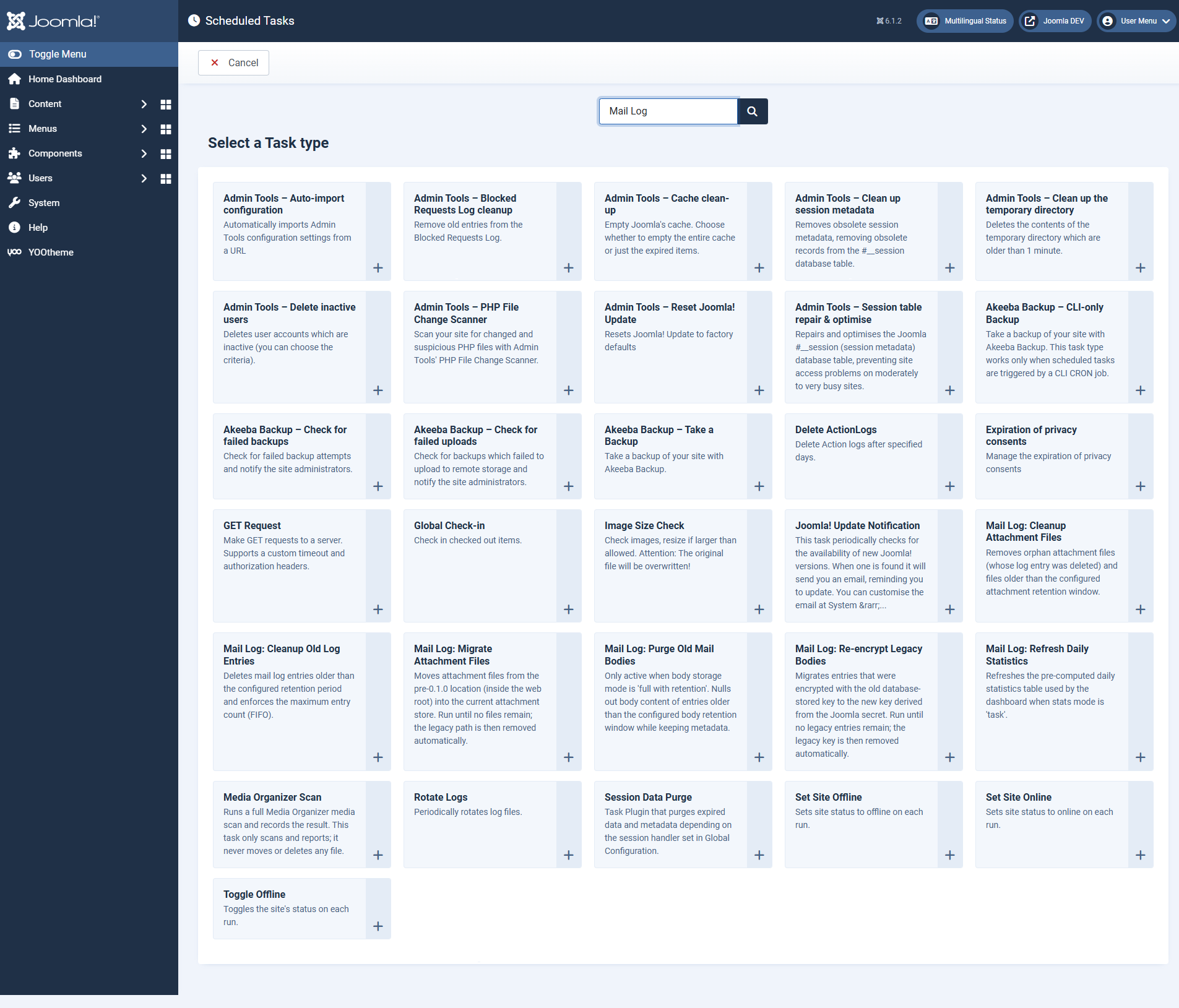 The selection dialogue for new scheduled tasks with the Mail Log task types