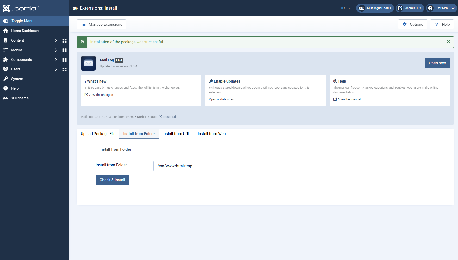 The panel after installing Mail Log, with version, status and the cards Getting started, Enable updates and Help