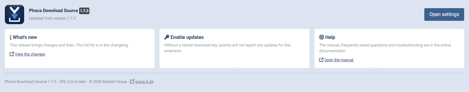 The panel after installing Phoca Download Source, with version, status and the cards Getting started, Enable updates and Help