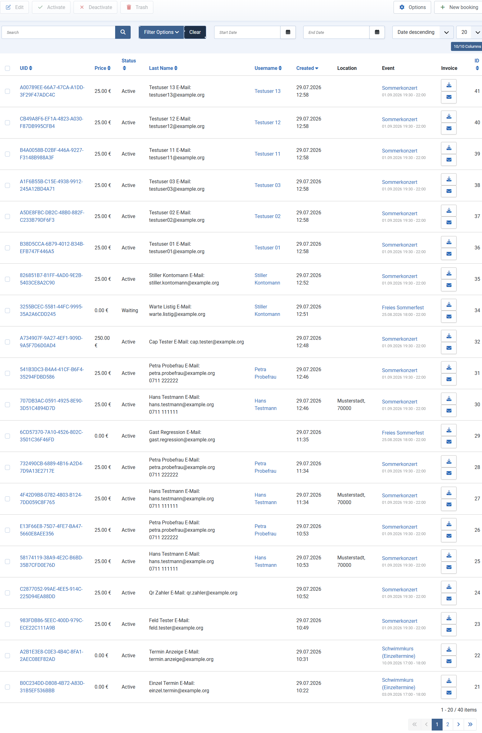 The booking overview with the date below every event link