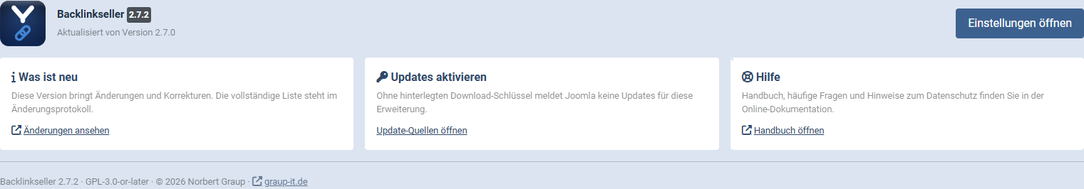 Das Übersichtsfenster nach einem Update mit Versionsnummer und den Karten Was ist neu, Updates aktivieren und Hilfe