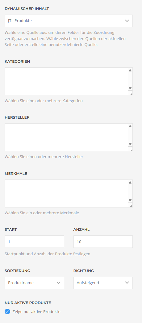 Das Auswahlfeld Dynamischer Inhalt mit der gewählten Quelle JTL Produkte, darunter die Filter Kategorien, Hersteller und Merkmale sowie Start, Anzahl, Sortierung, Richtung und der Schalter für nur aktive Produkte