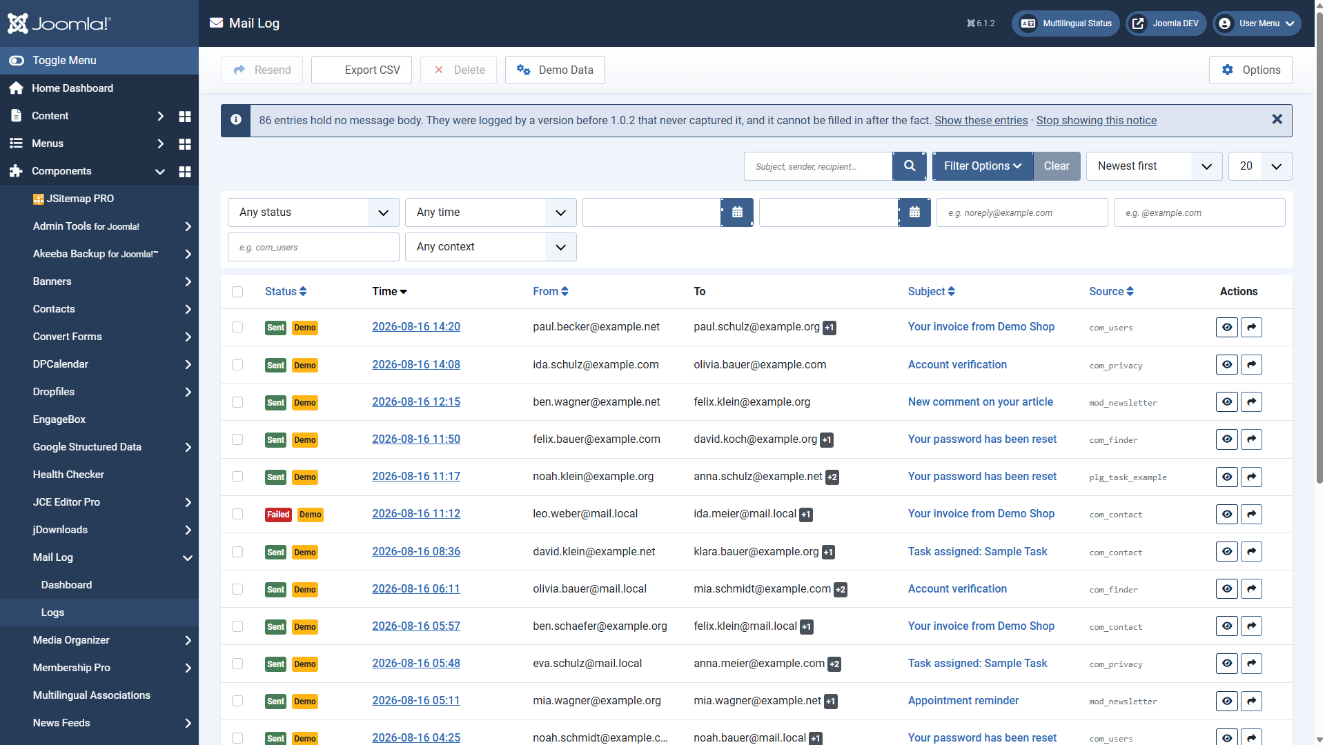 The log list with search bar, filters and result table
