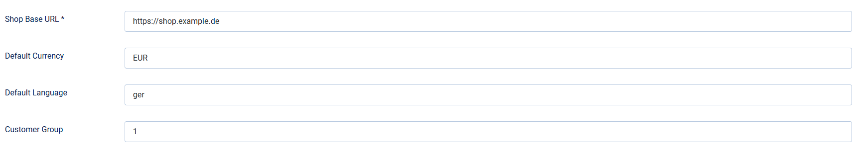 The tab Plugin Options with the fields Shop base URL, Default currency and Default language