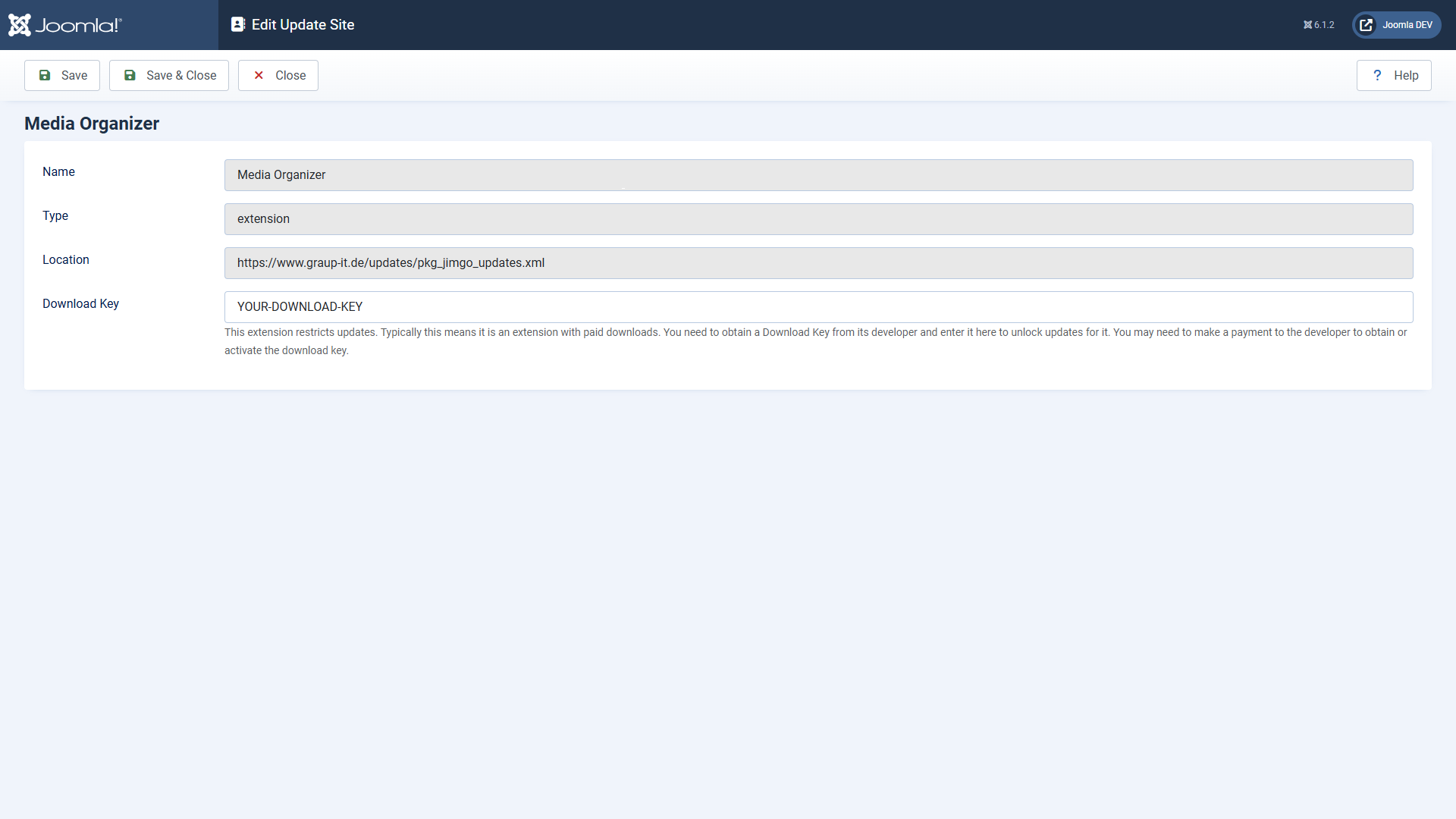 The update site Media Organizer in Joomla with the download key field