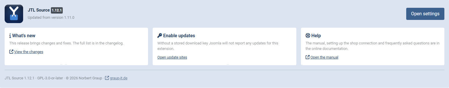The overview panel after an update, with the version number and the cards What's new, Enable updates and Help