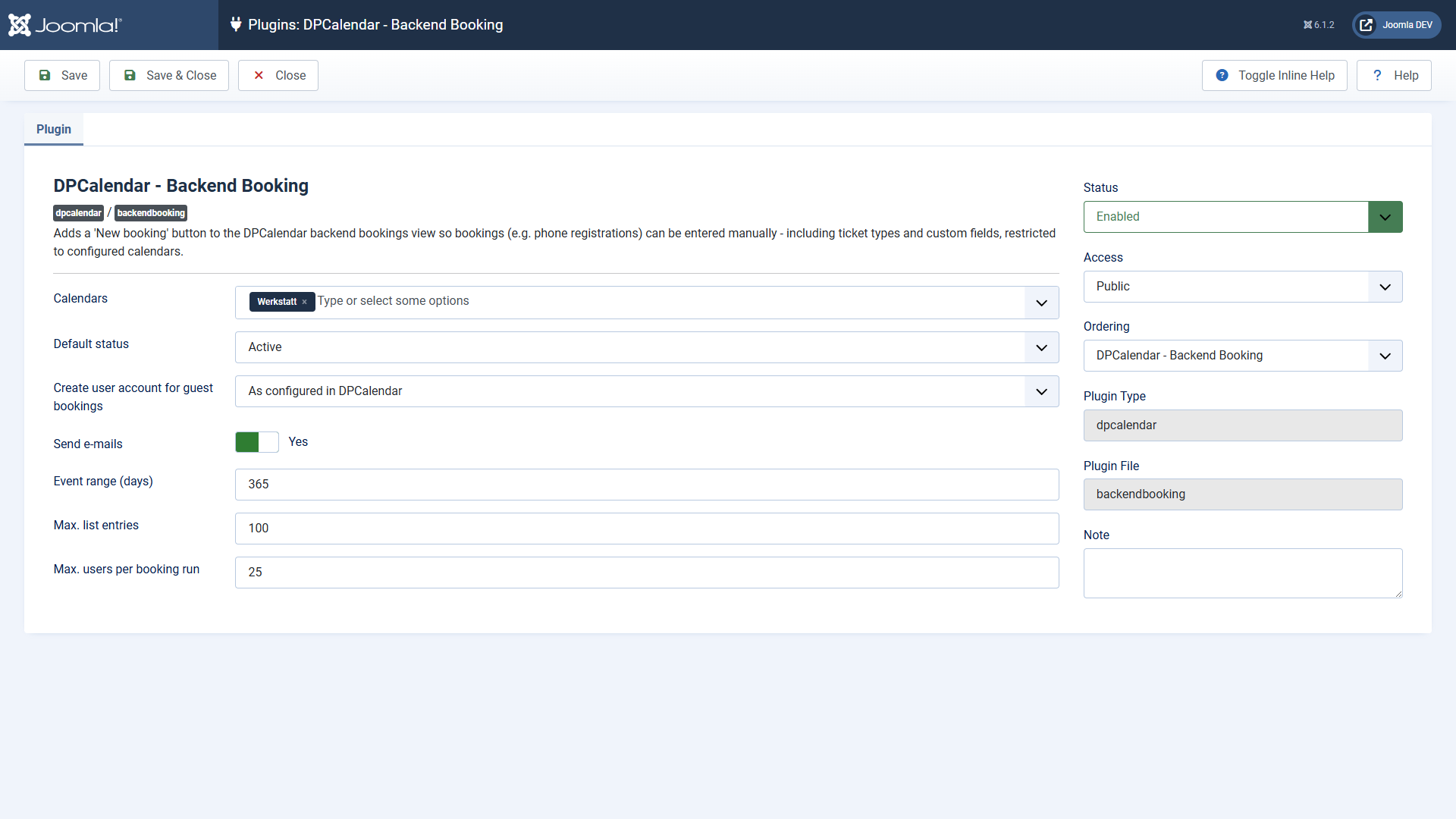 The options of the plugin