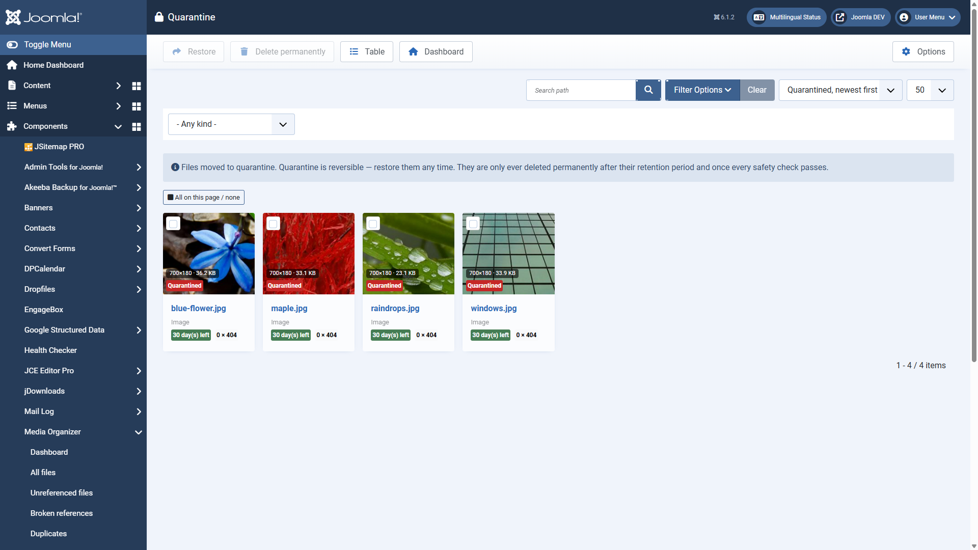 The quarantine view with four files, retention period and the buttons Restore and Delete for good