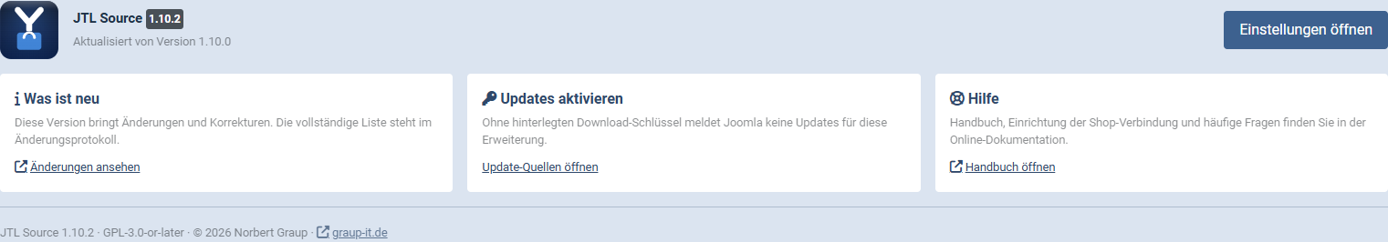 Das Übersichtsfenster nach einem Update mit Versionsnummer und den Karten Was ist neu, Updates aktivieren und Hilfe