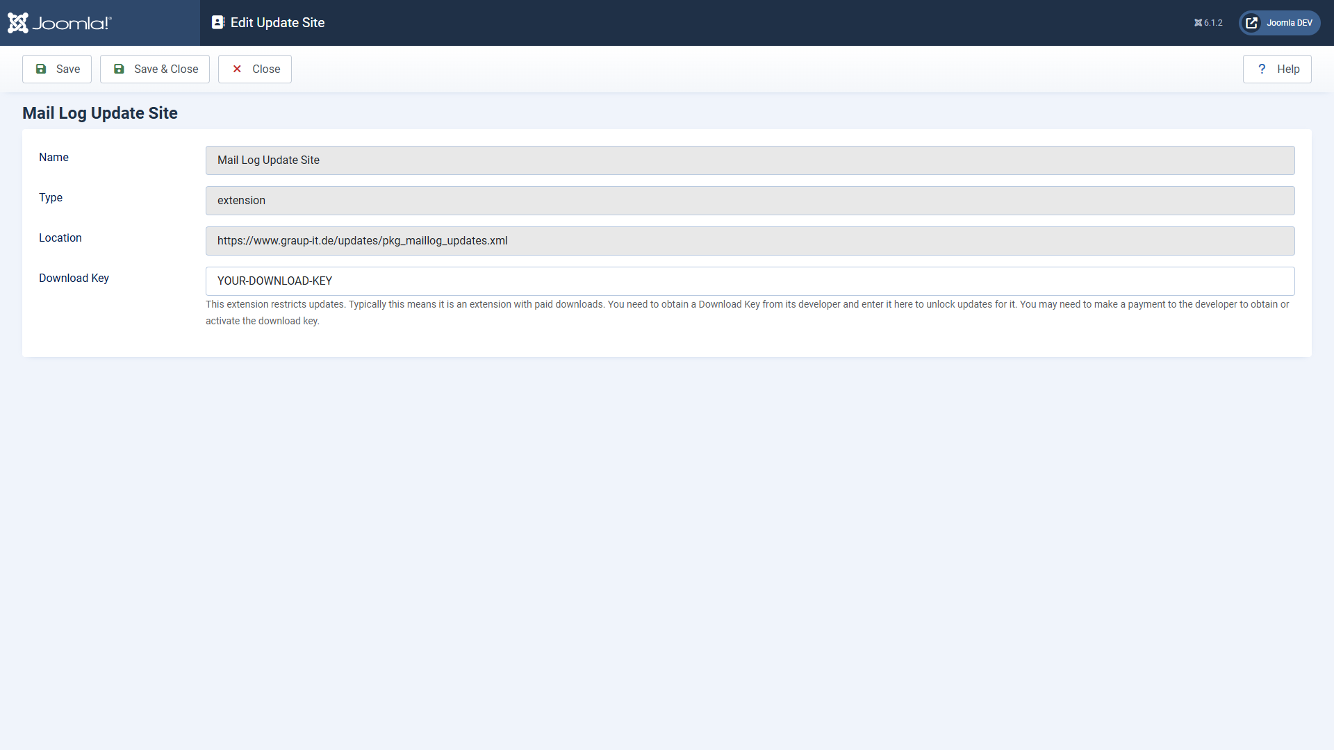 The update sites with the field for the download key