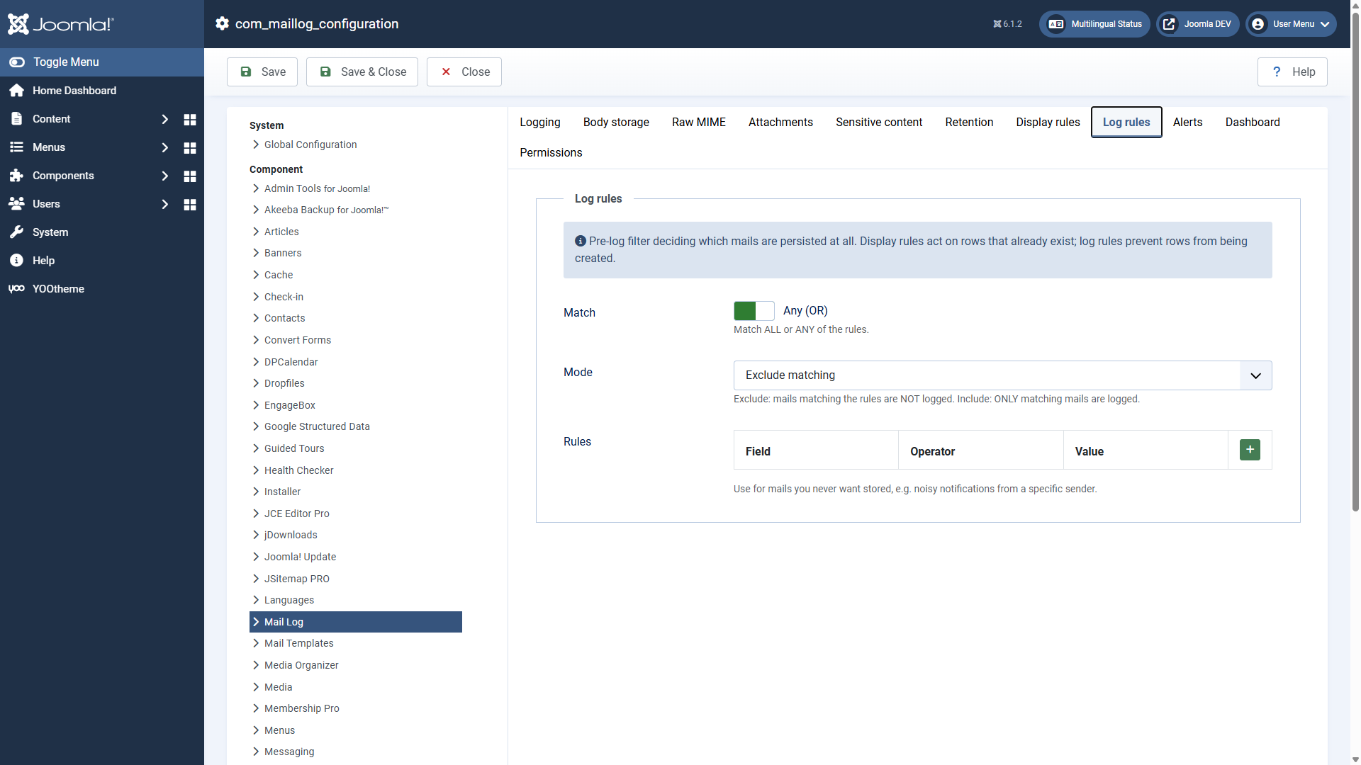 The options tab log rules with mode and rule table