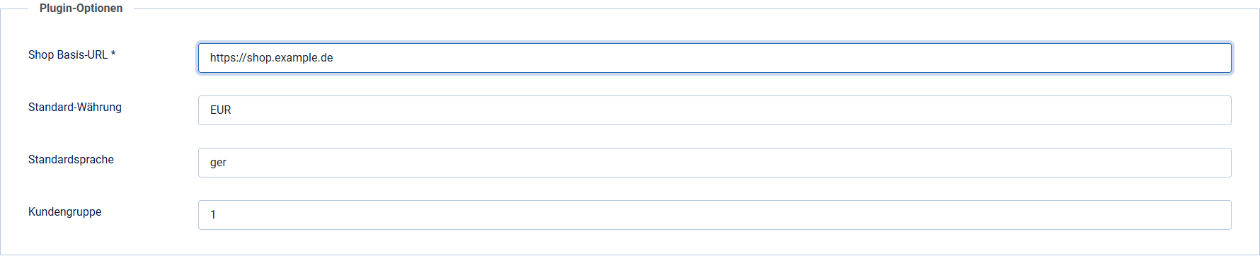Der Reiter Plugin-Optionen mit den Feldern Shop Basis-URL, Standard-Währung und Standardsprache