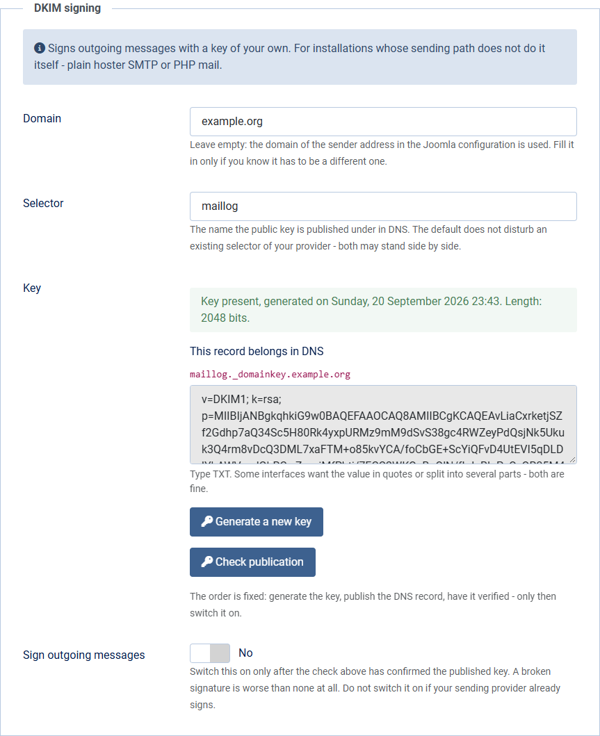 The DKIM signing section in the options with domain, selector, the generated key, the DNS record to copy and the two buttons