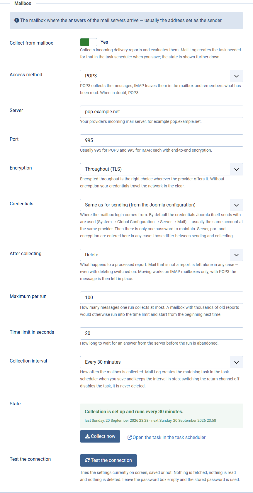 The Return channel tab in the options with the fields for access method, server, port, encryption, credentials and the Test the connection button