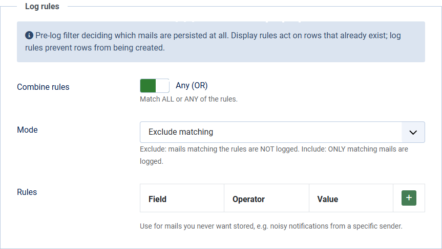 The options tab log rules with mode and rule table