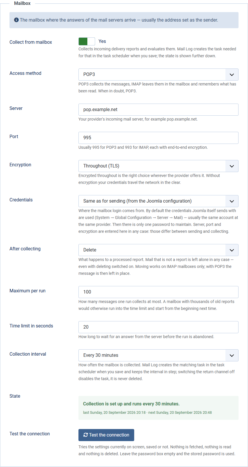 The Return channel tab in the options with the fields for access method, server, port, encryption, credentials and the Test the connection button