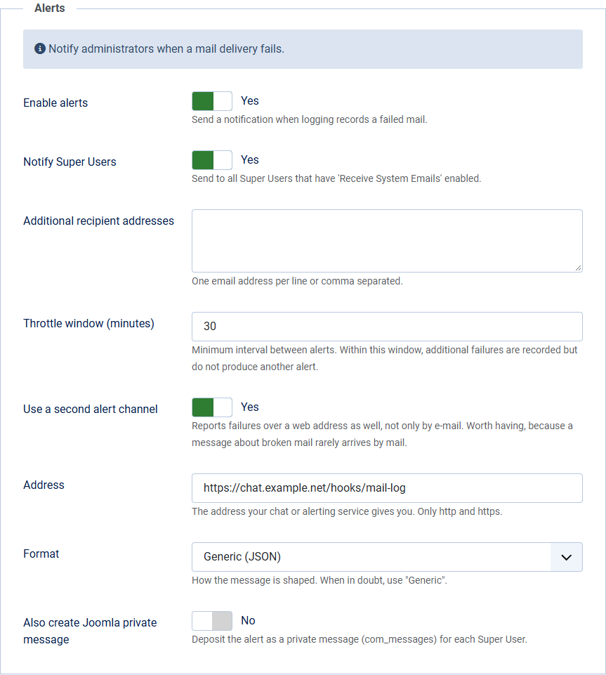 The Alerts tab in the options, with the second alert channel, address and format