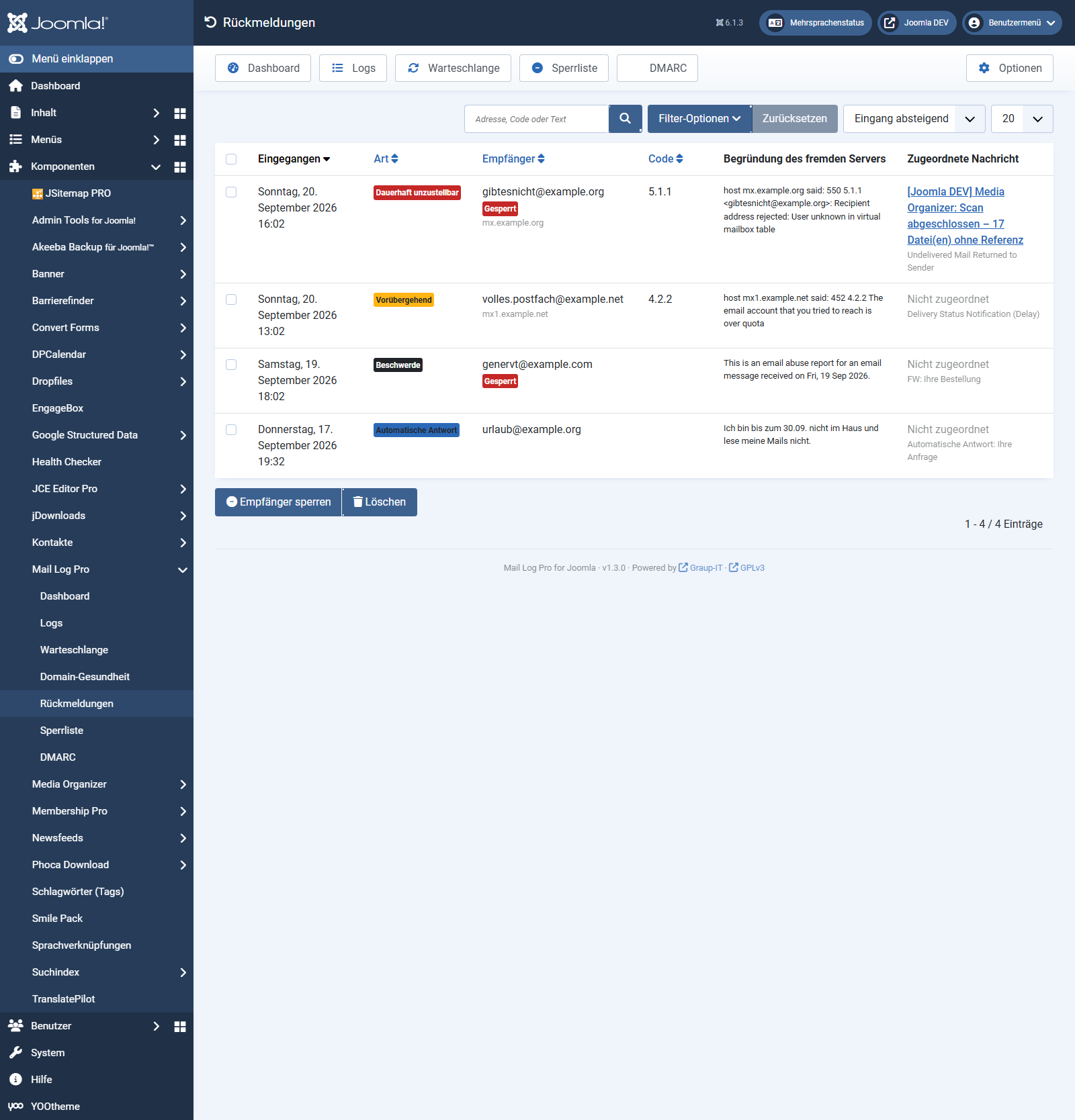 Die Ansicht Rückmeldungen mit vier Einträgen: dauerhaft unzustellbar, vorübergehend, Beschwerde und automatische Antwort, je mit Statuscode und der Begründung des fremden Servers