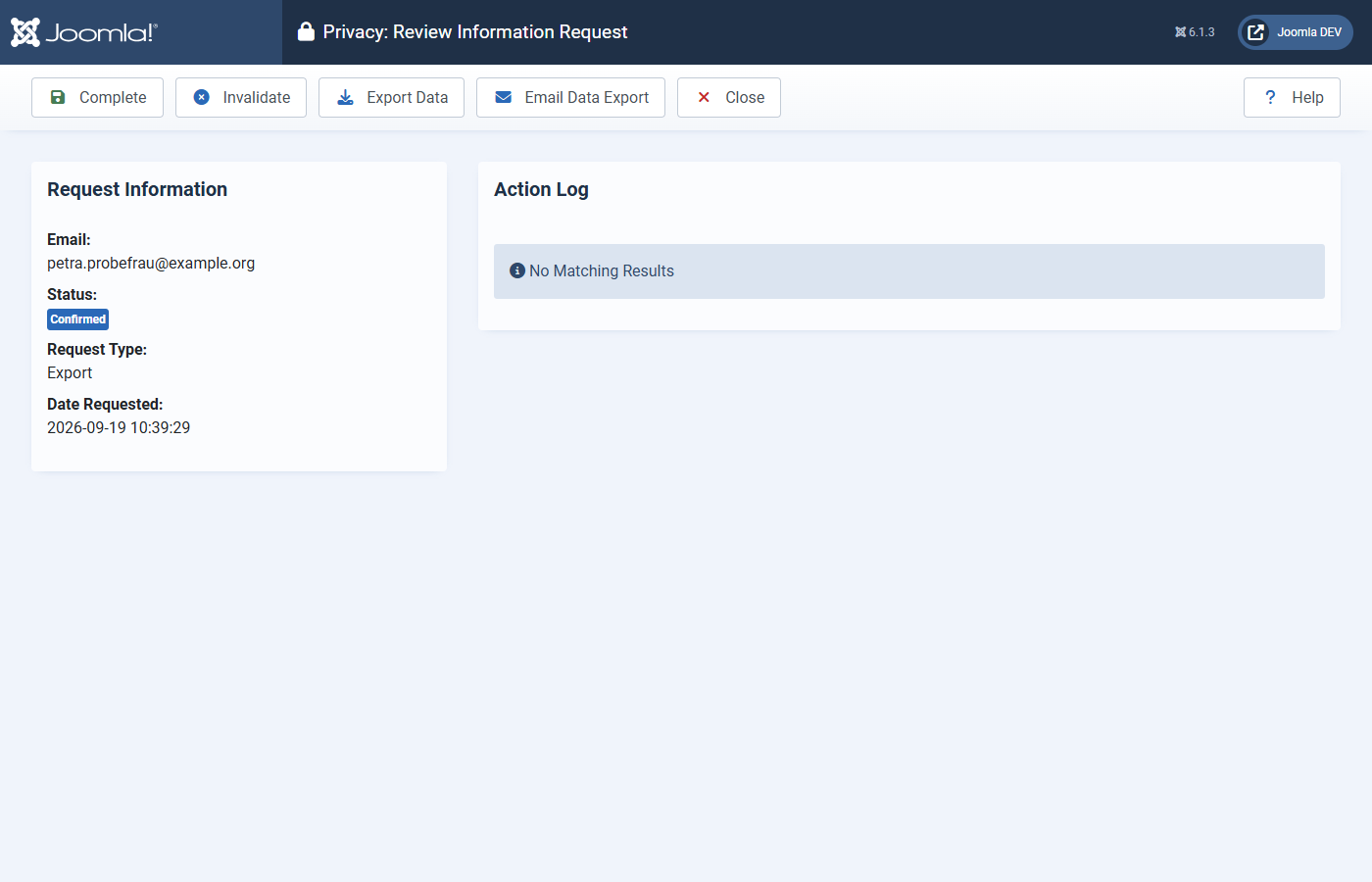 A confirmed information request in Joomla privacy administration, with the buttons Export data and Email data export