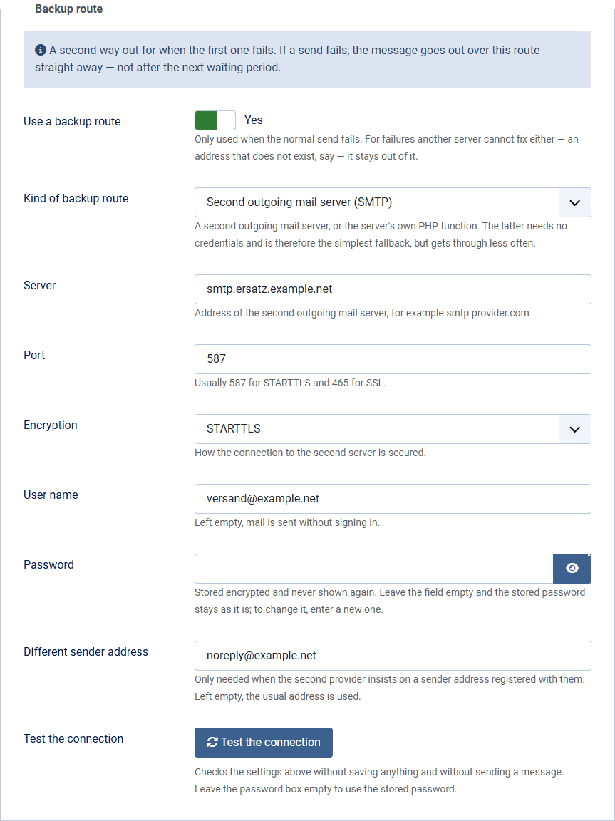 The Backup route tab in the options, with server, port, encryption and credentials