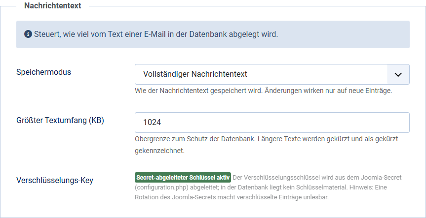 Der Abschnitt Nachrichtentext im Optionen-Reiter Inhalte