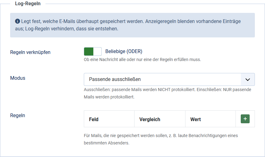 Der Optionen-Reiter Log-Regeln mit Modus und Regeltabelle