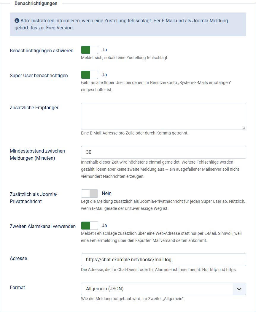 Der Abschnitt Benachrichtigungen im Optionen-Reiter Meldungen